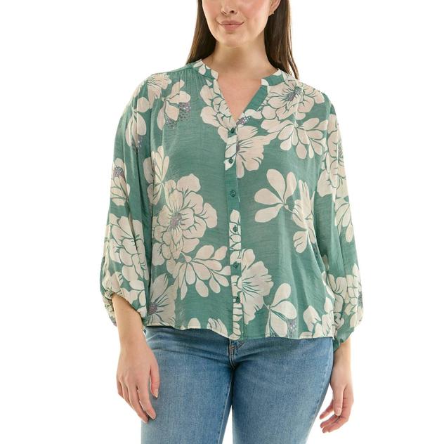 Womens Zac & Rachel 3/4 Sleeve Front Button Floral Blouse