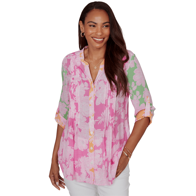 Petite Ruby Rd. Hothouse Florals Roll Tab Sleeve Blouse