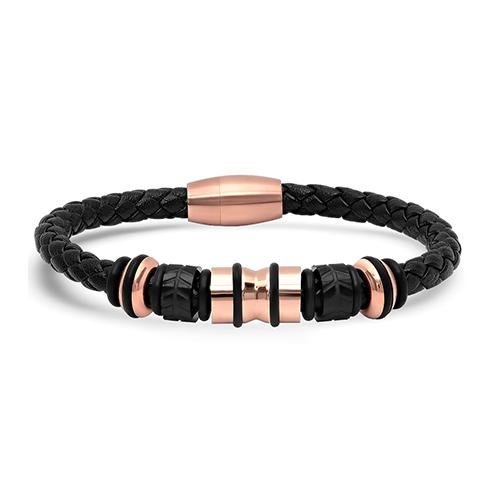 Mens Steeltime 18kt. Rose Gold &amp; Leather Braided Bracelet