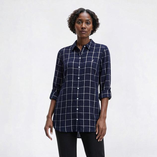 Womens Nautica Jeans Grid Roll Tab Sleeve Casual Button Down