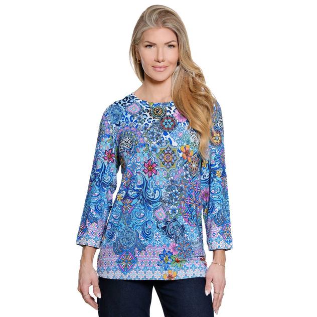 Plus Size Ali Miles 3/4 Sleeve Abstract Floral Side Button Blouse