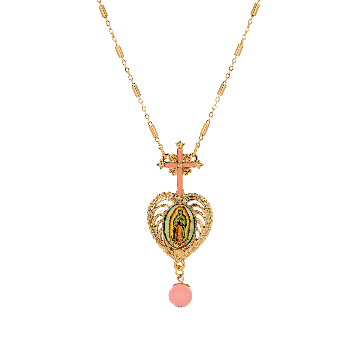 Symbols of Faith Gold Tone Cross Pink Heart Guadalupe Necklace