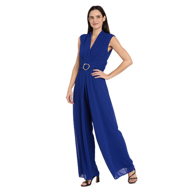 Womens R&M Richards Flowy Chiffon Sleeveless Flare Jumpsuit