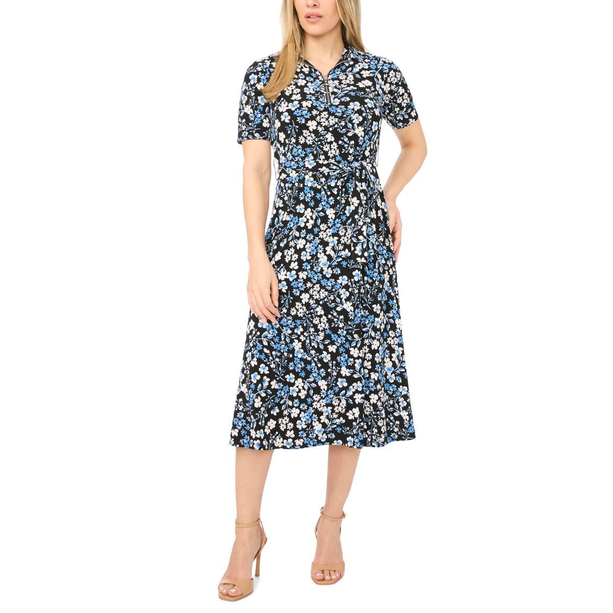 Petite MSK Short Sleeve Floral 1/4 Zipper Midi Dress