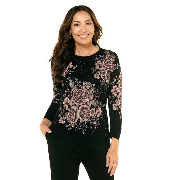Petite Emily Daniels 3/4 Sleeve Rhinestone Yoke Floral Sweater