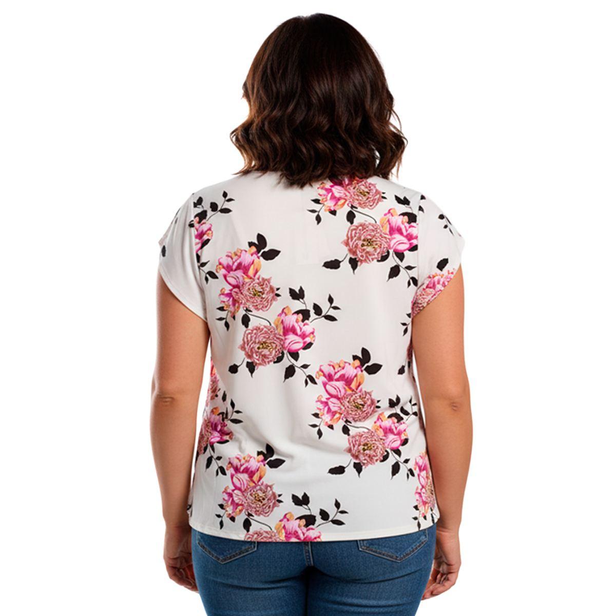 Plus Size Notations Tulip Sleeve Bar Accent Neck Floral Blouse