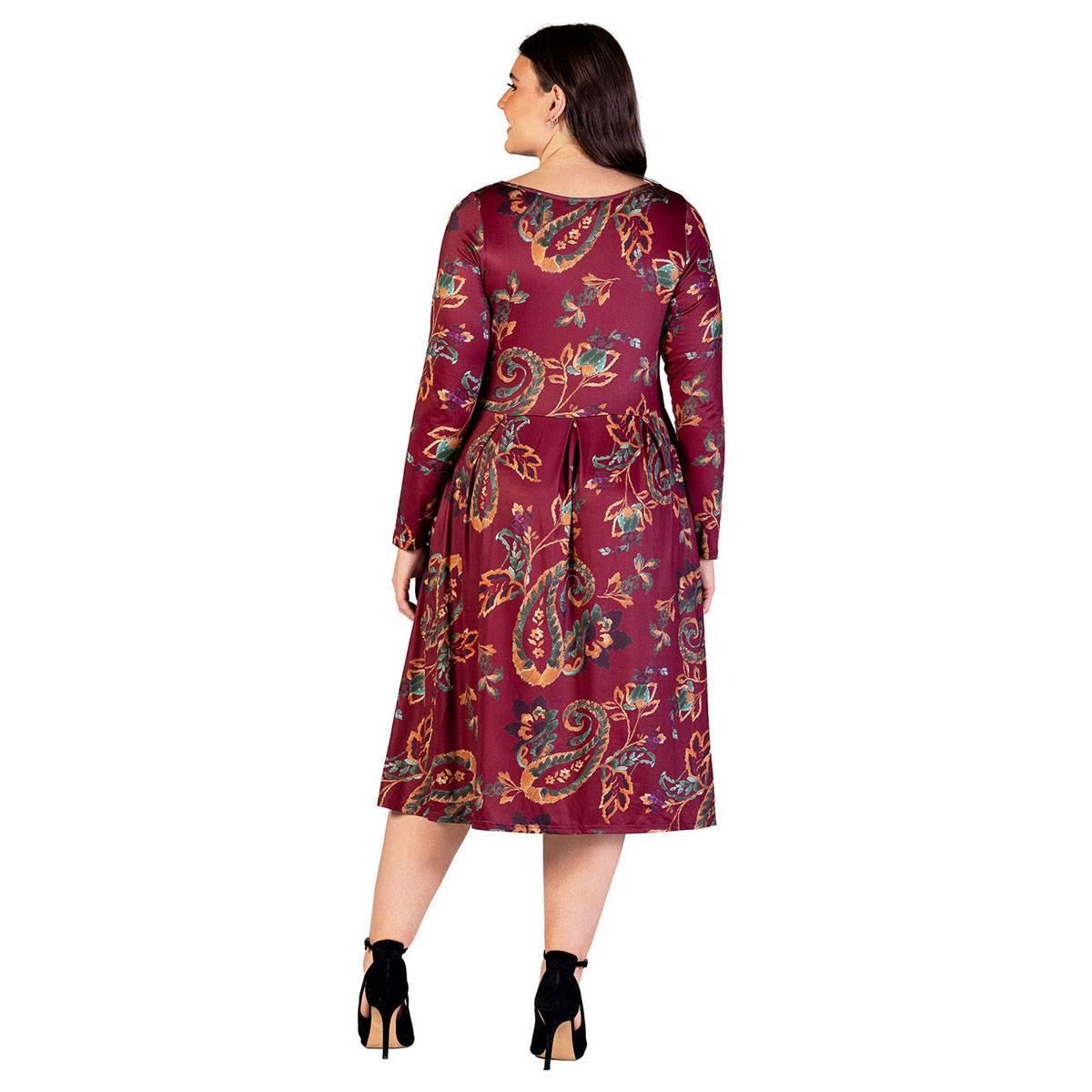 Plus Size 24/7 Comfort Apparel Wine Paisley Midi Pocket Dress