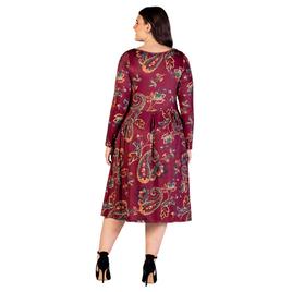 Plus Size 24/7 Comfort Apparel Wine Paisley Midi Pocket Dress
