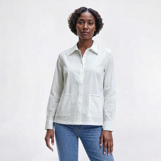 Womens Zac & Rachel Long Sleeve Studded Trim Casual Button Down