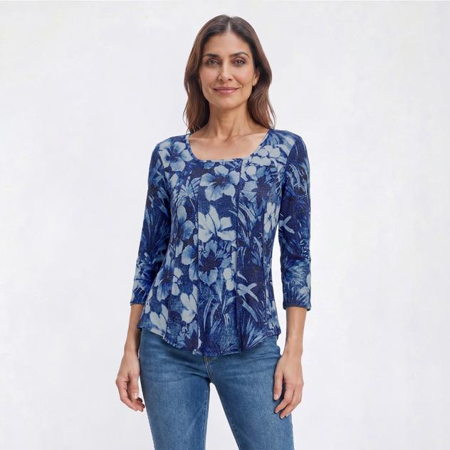 Plus Size Cocomo 3/4 Sleeve Denim Floral Seam Blouse