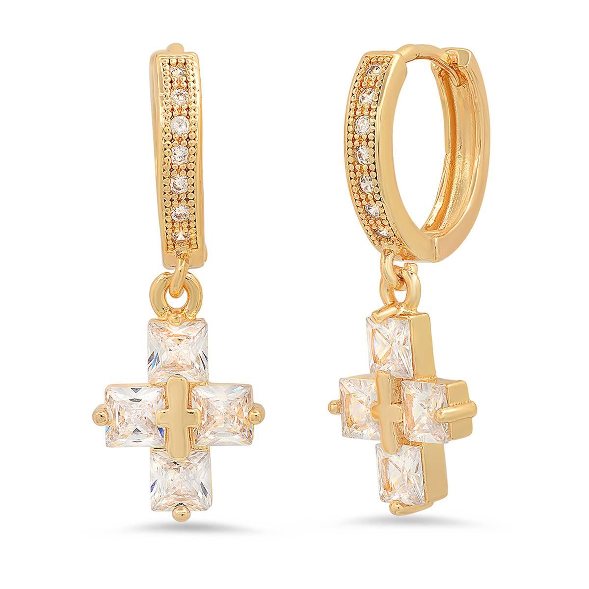 Steeltime Iced Out 18kt. Huggie Cross Charm Brass Earrings