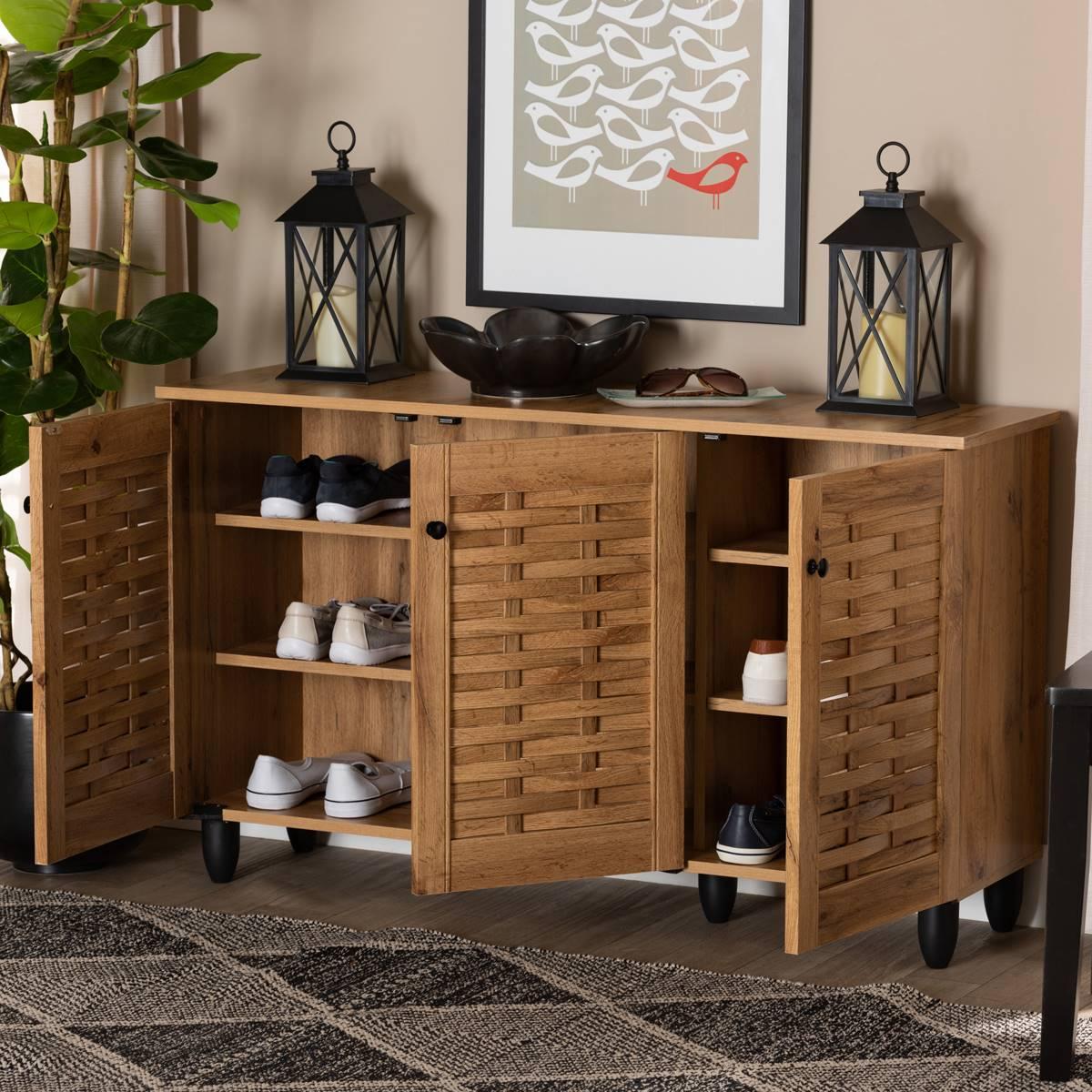 Baxton Studio Winda Oak Brown Wood 3-Door Shoe Cabinet