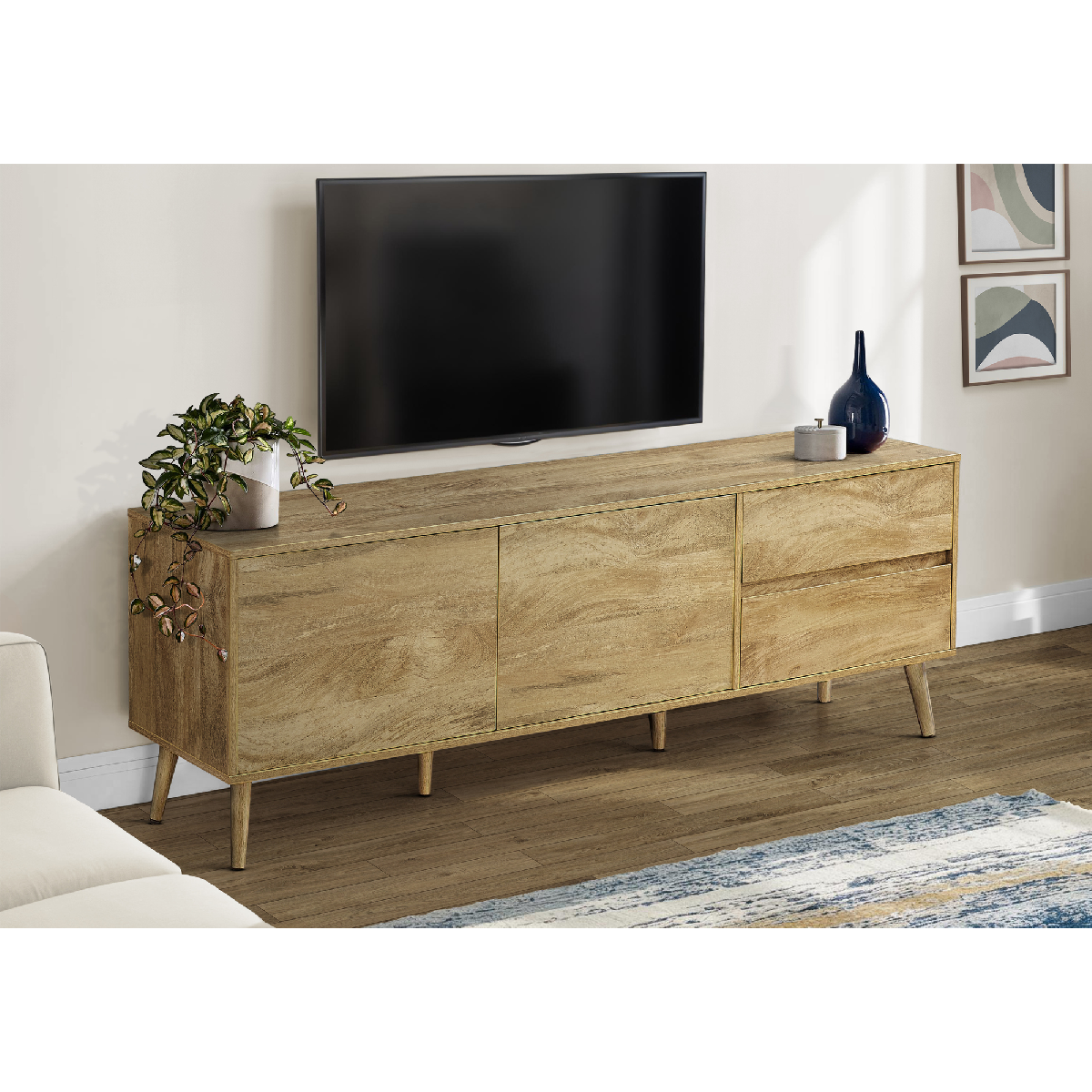 Monarch Specialties Mid Century Walnut 72in TV Stand with Storage