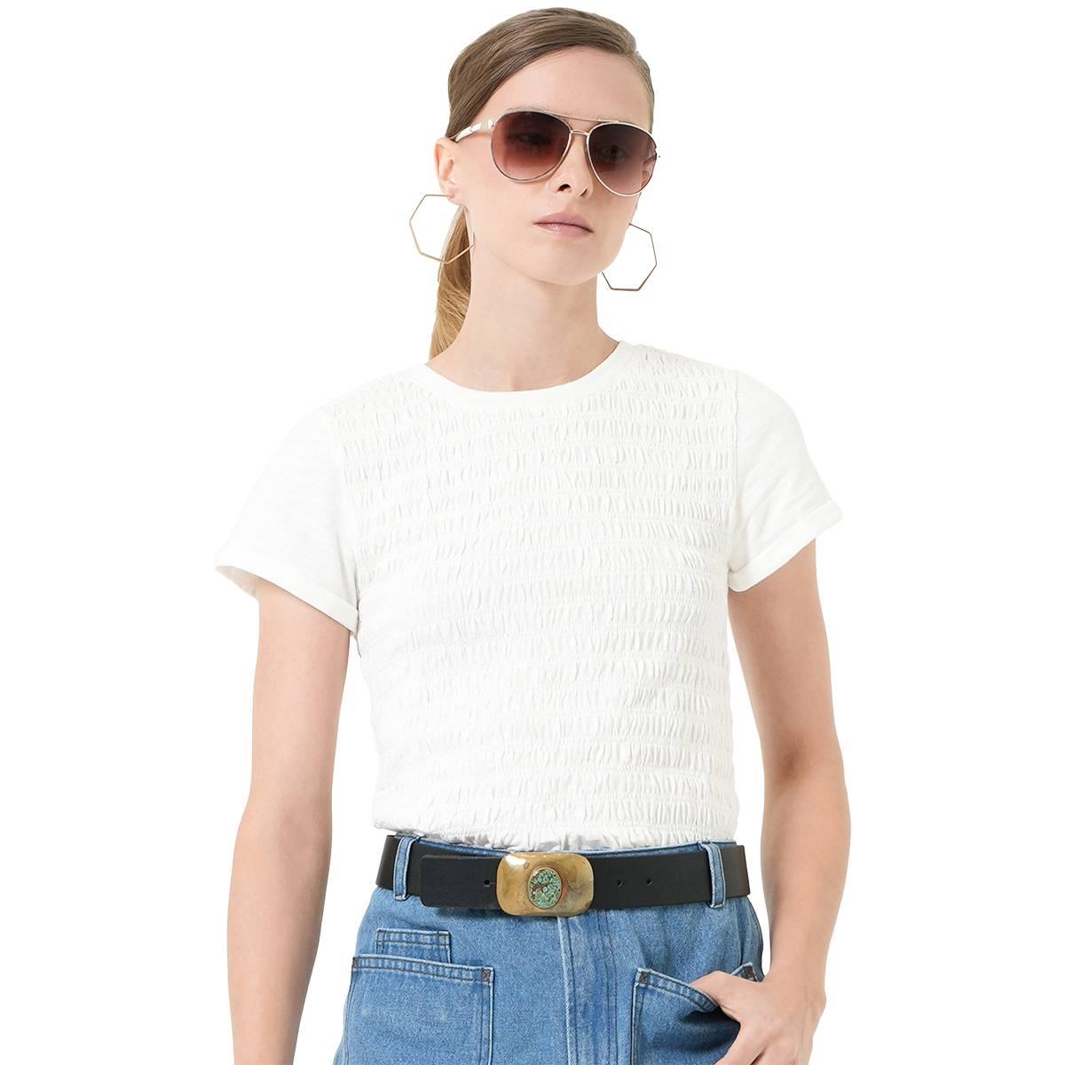 Womens MNK Short Sleeve Ruffle Hem Smocked Blouse