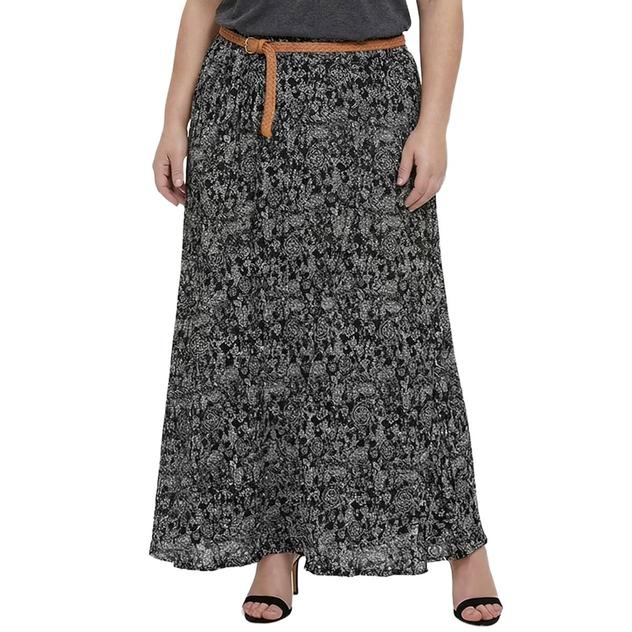 Plus Size NY Collection Swirl Floral Belted Waist Maxi Skirt