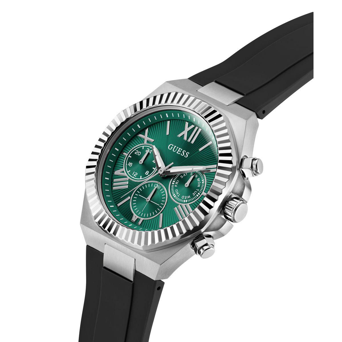 Mens Guess Silver Multi-Function Green Dial Watch - GW1011G1