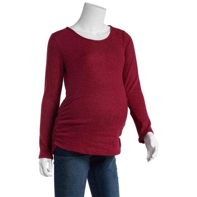 Womens Due Time Long Sleeve Side Ruched Solid Hacci Maternity Top