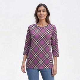 Petite Hasting & Smith 3/4 Sleeve Plaid Round Neck Tee