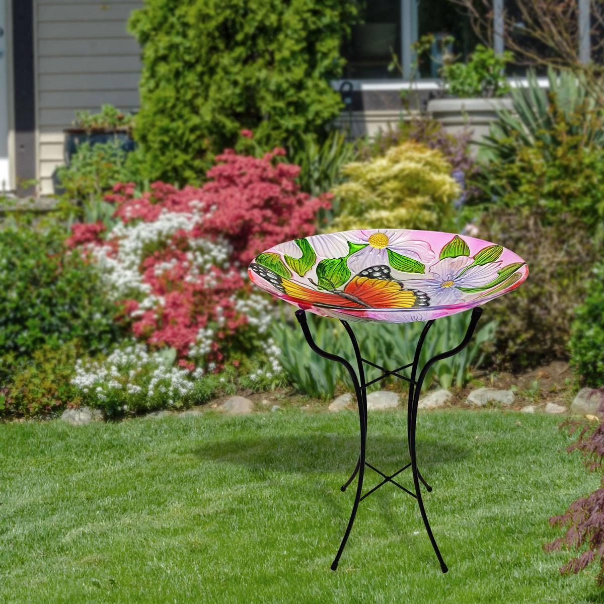 Alpine 18in. Flowers & Butterfly Glass Birdbath w/ Metal Stand