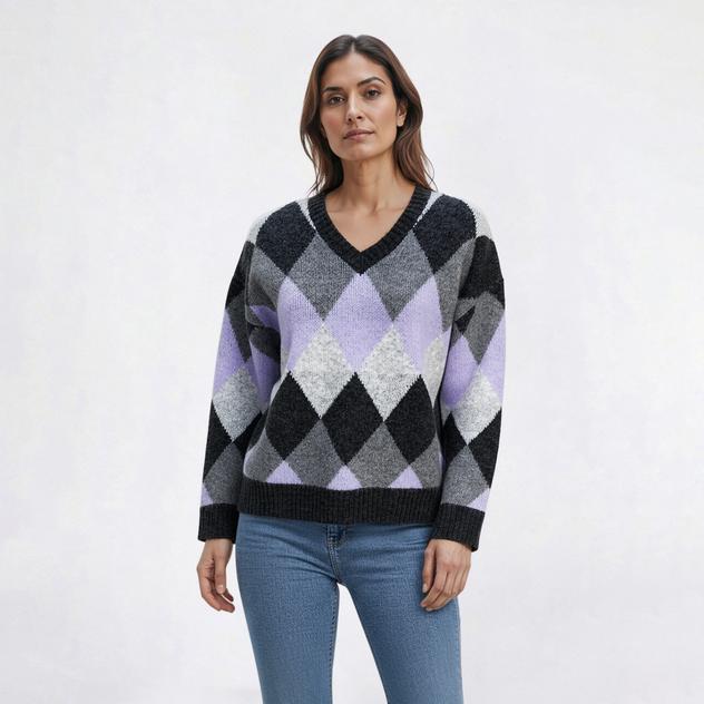 Womens Hanna & Gracie Long Sleeve V Neck Argyle Sweater