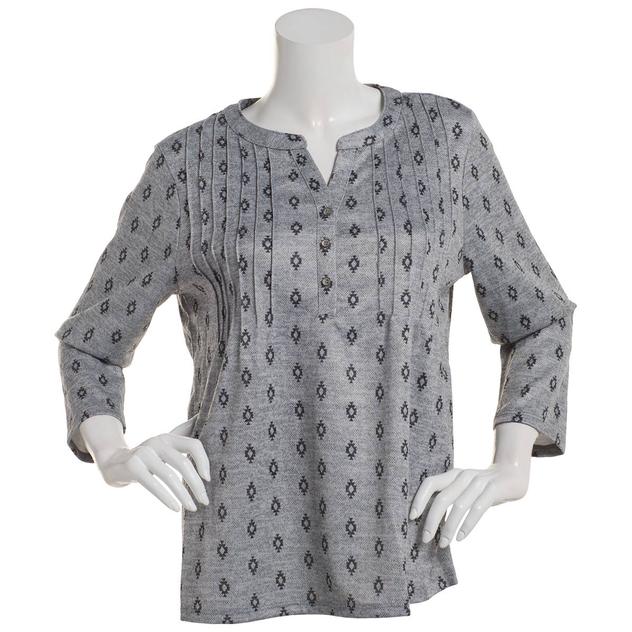Plus Size Napa Valley 3/4 Sleeve Hacci Pleat Diamond Henley Tee