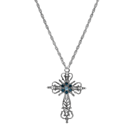Symbols of Faith Silver Tone Cross With Blue Crystal Necklace