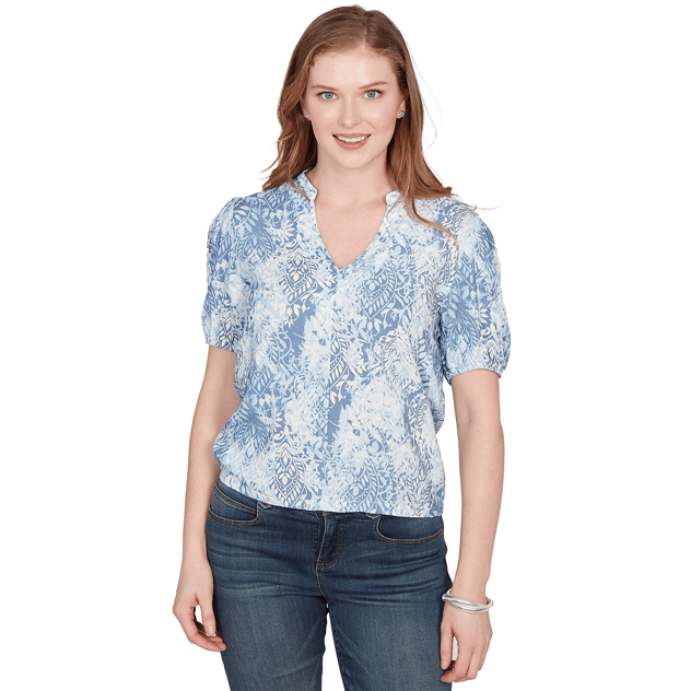 Petite Skye’s the Limit Sunny Blue Skies Tie Dye Leaf Blouse