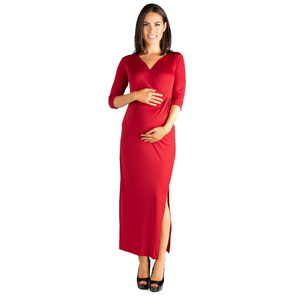 Womens 24/7 Comfort Apparel V-Neck Slit Maternity Maxi Dress