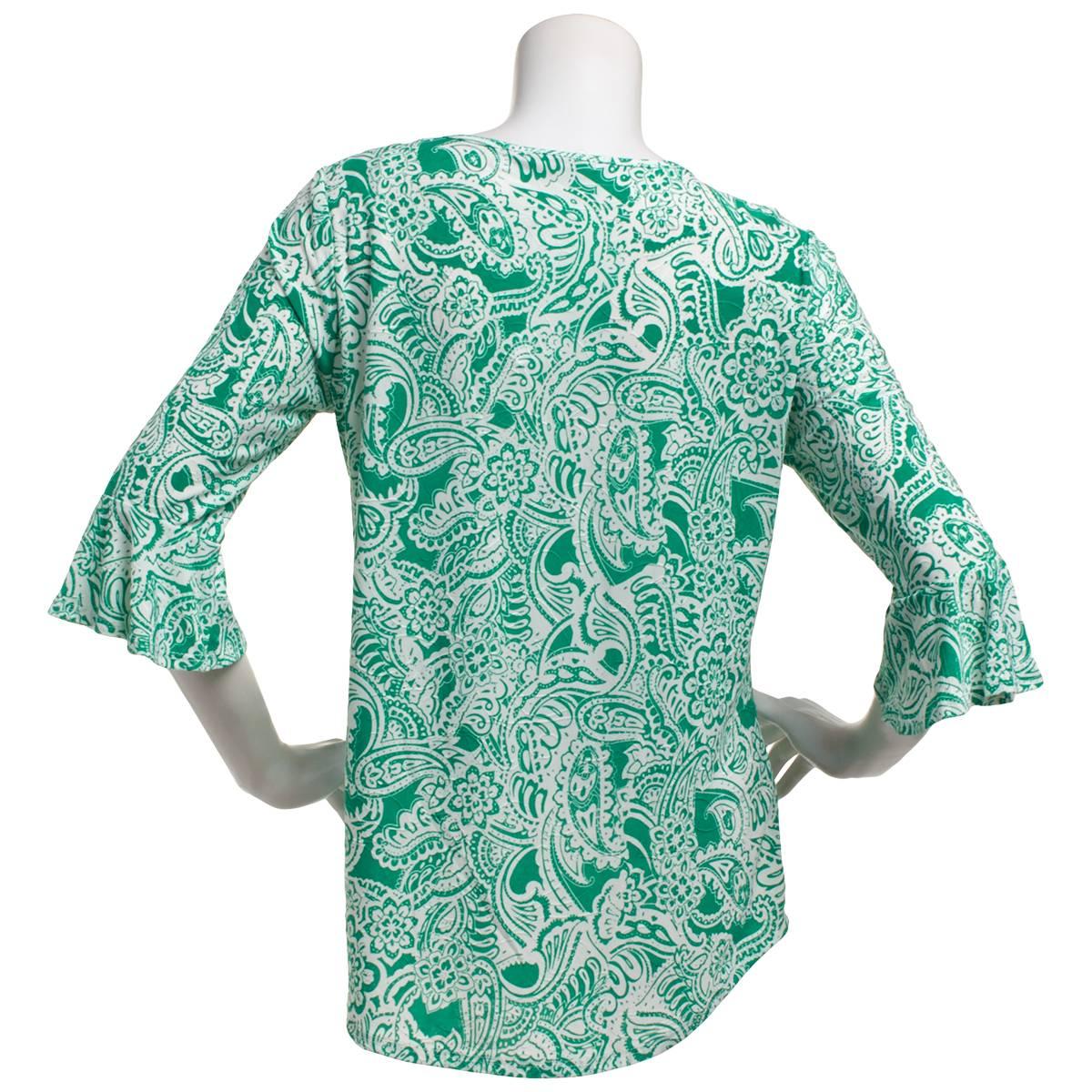 Womens Notations 3/4 Ruffle Sleeve Keyhole Neck Paisley Blouse