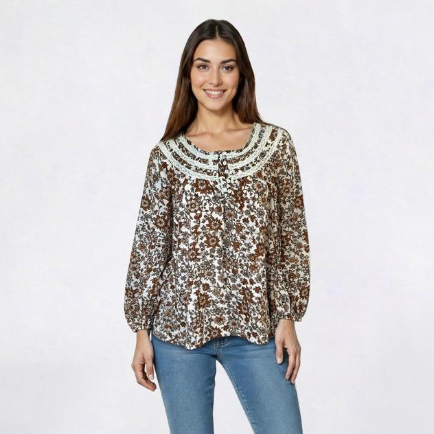 Womens Absolutely Famous Long Sleeve Lace Trim Floral Blouse