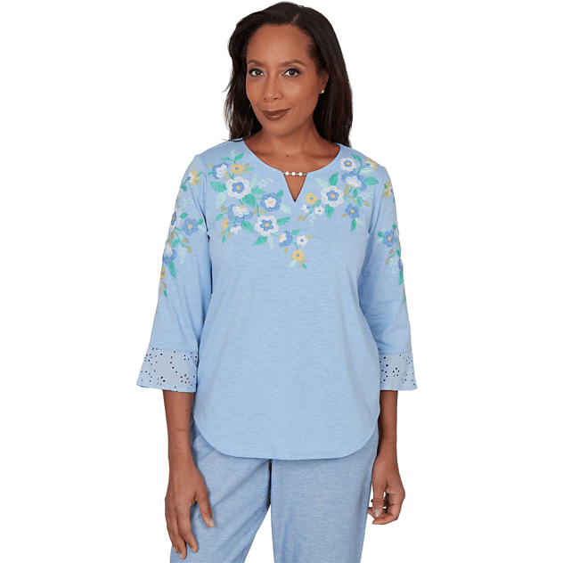 Petite Alfred Dunner Caribbean Blues Floral Embroidery Blouse
