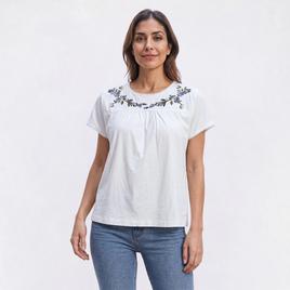 Petite Architect(R) Short Sleeve Floral Embroidery Yoke Blouse