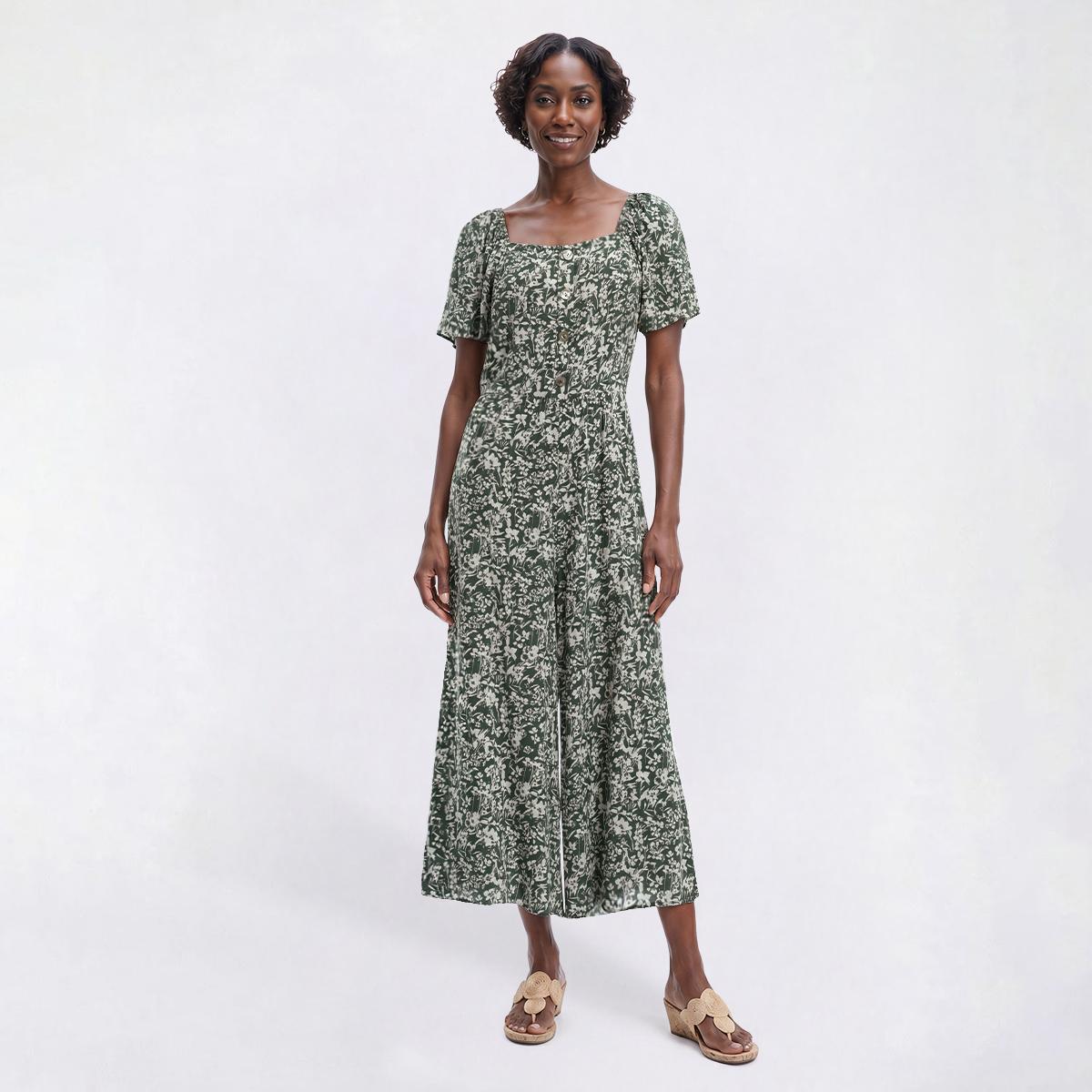 Womens Luxology Short Sleeve Square Neck Floral Challis Jumpsuit