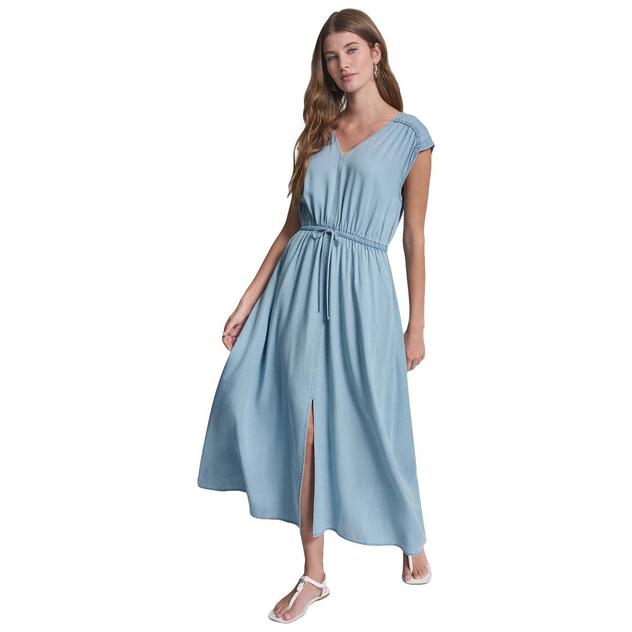 Womens DKNY Jeans Ruch Shoulder V Neck Midi Dress