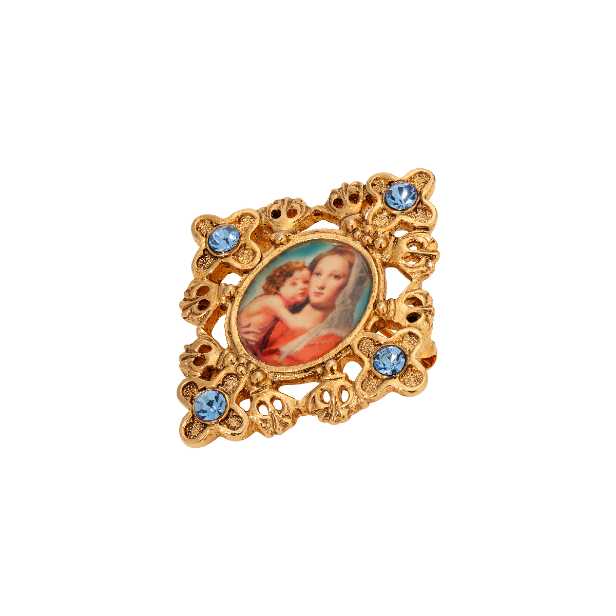 Symbols of Faith Gold Tone Mary & Child Decal Blue Crystal Pin