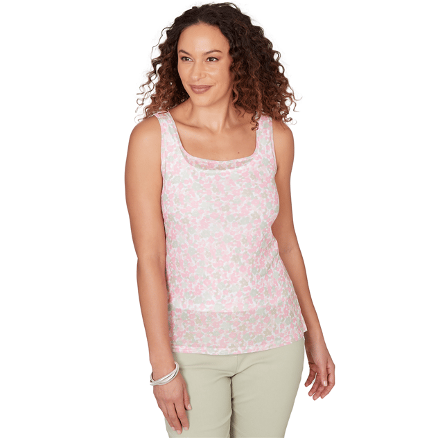 Petite Hearts of Palm Bloom Service Floral Mesh Tank Top