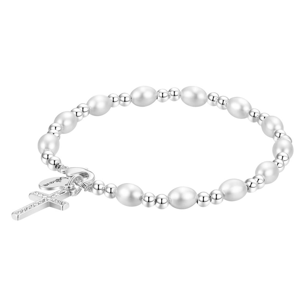 Shine Fine Silver Plated Crystal & Pearl Cross Believe Bracelet