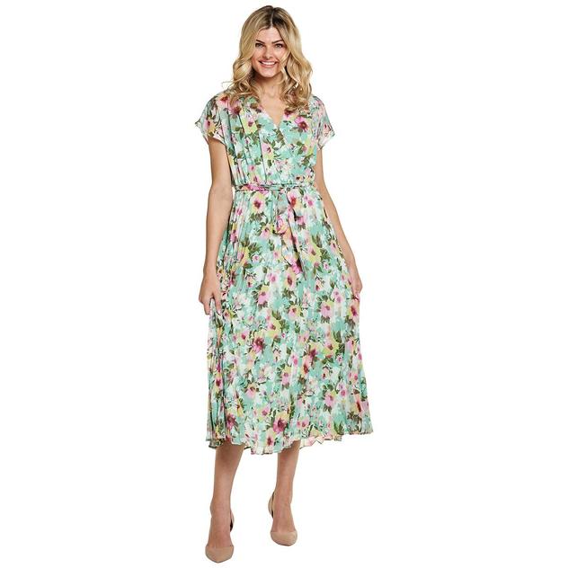 Womens Sandra Darren Short Sleeve Pleated Tie Waist Midi Dress
