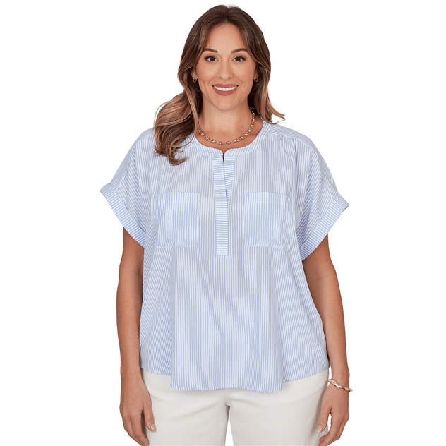Plus Size Hearts of Palm Aqua Fresh Short Sleeve Stripe Blouse