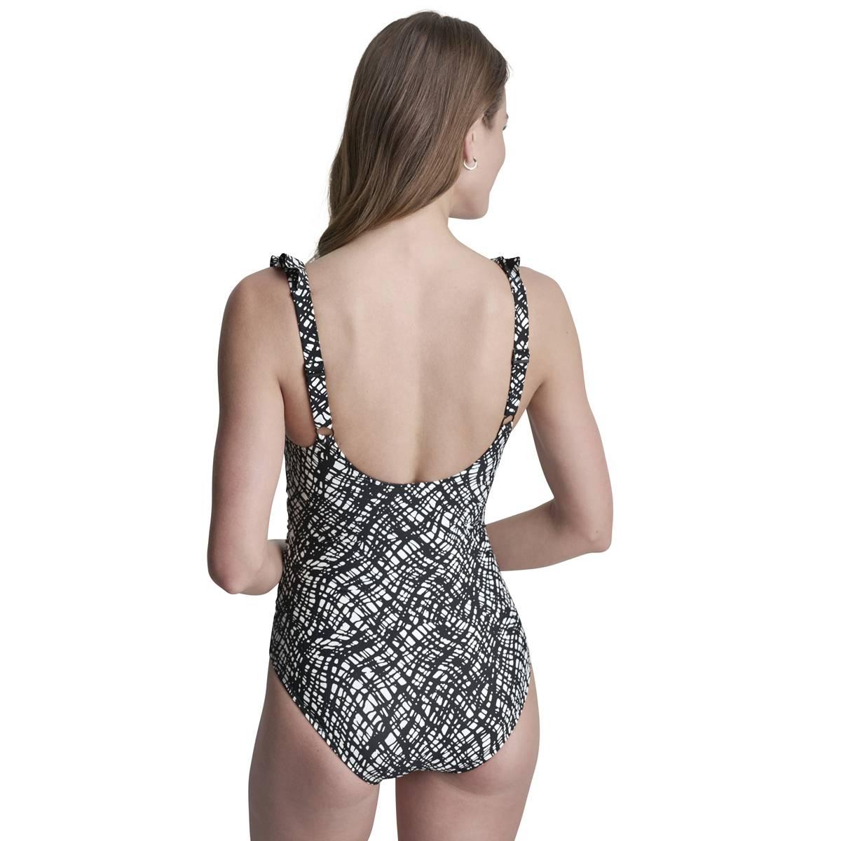 Womens DKNY Cross Hatch V Neck Ruffle Plunge One Piece Swimsuit