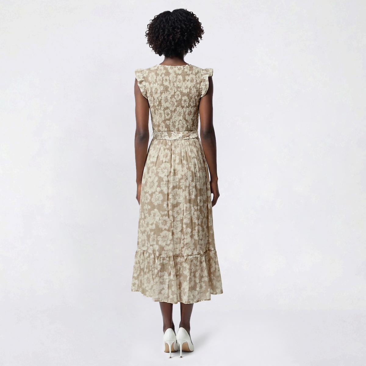 Womens Luxology Cap Ruffle Sleeve V Neck Floral Midi Dress