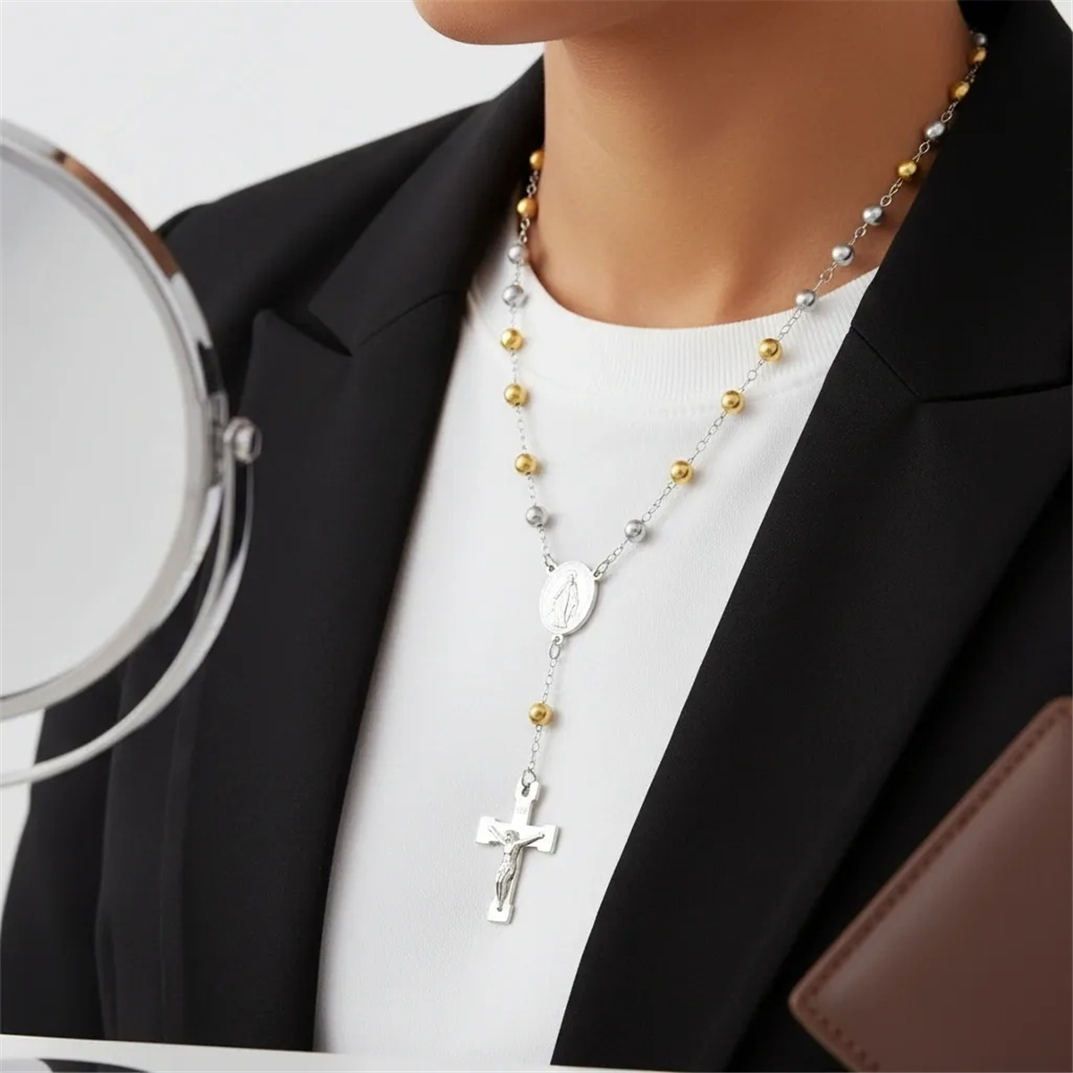 Mens Iron Saints Two-Tone Rosary-Style Necklace w/ Crucifix