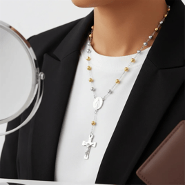 Mens Iron Saints Two-Tone Rosary-Style Necklace w/ Crucifix