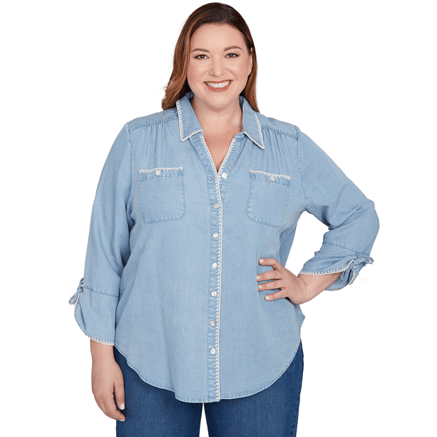 Plus Size Alfred Dunner Hilton Head Tie Sleeve Denim Blouse