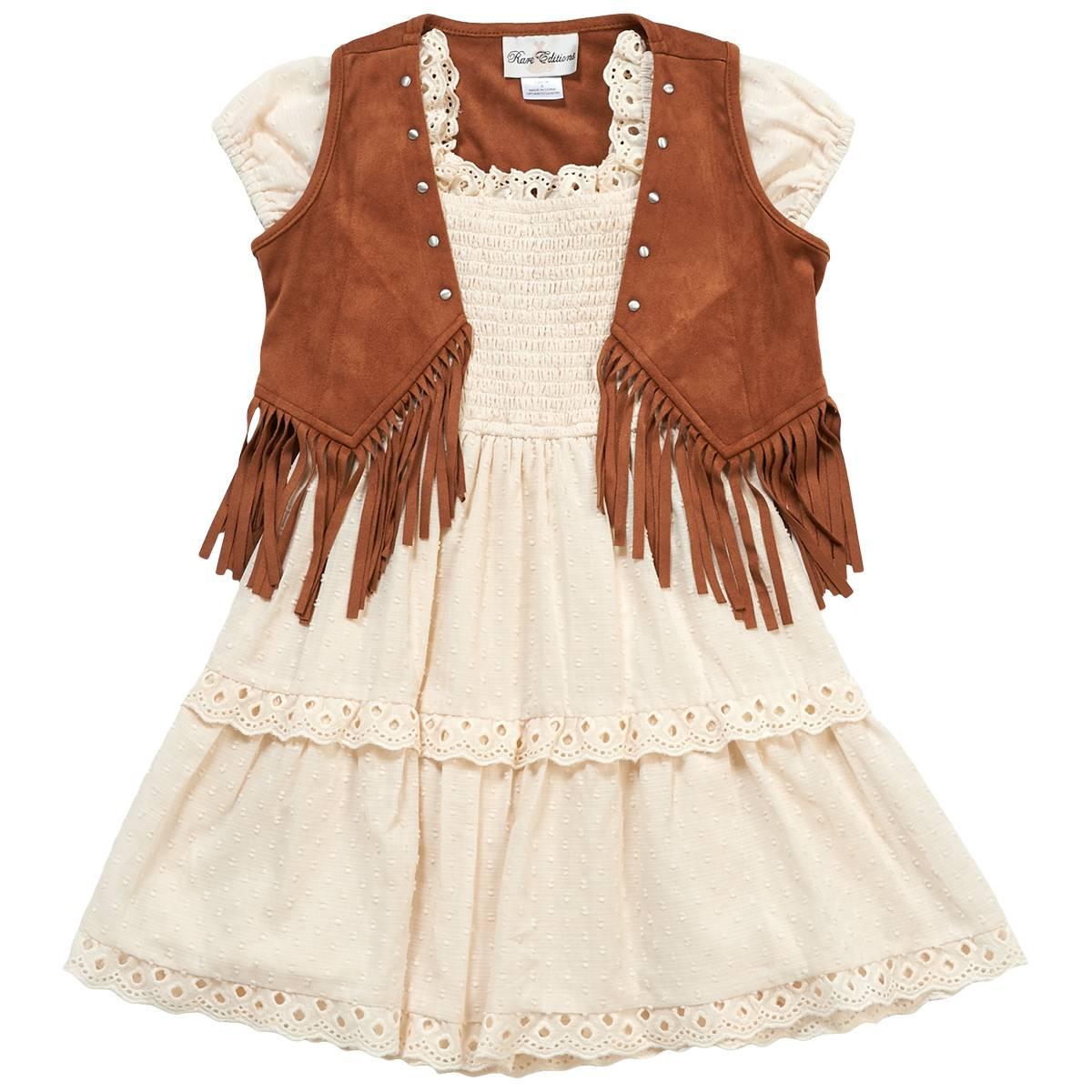 Girls (4-6x) Rare Editions Suede Fringe Vest & Short Sleeve Dress