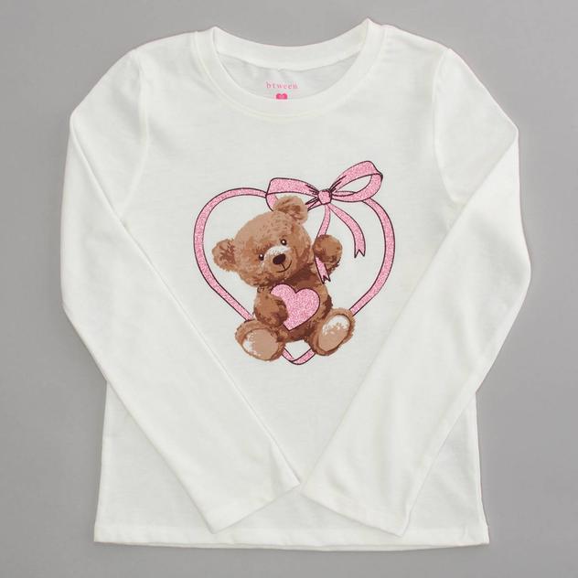 Girls (7-12) BTween® Long Sleeve Bear & Ribbon Heart Shimmer Tee