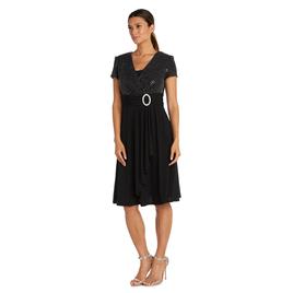 Petite R&M Richards Rhinestone Buckle Glitter Wrap Dress