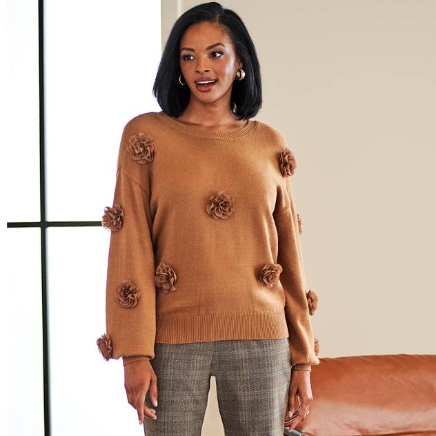 Plus Size Zac & Rachel Long Sleeve 3D Rosette Sweater
