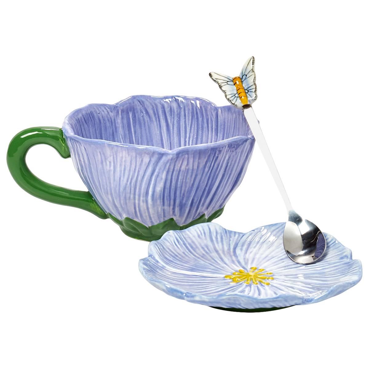 Home Essentials 12oz. Blue Flower Teacup/Saucer & Spoon