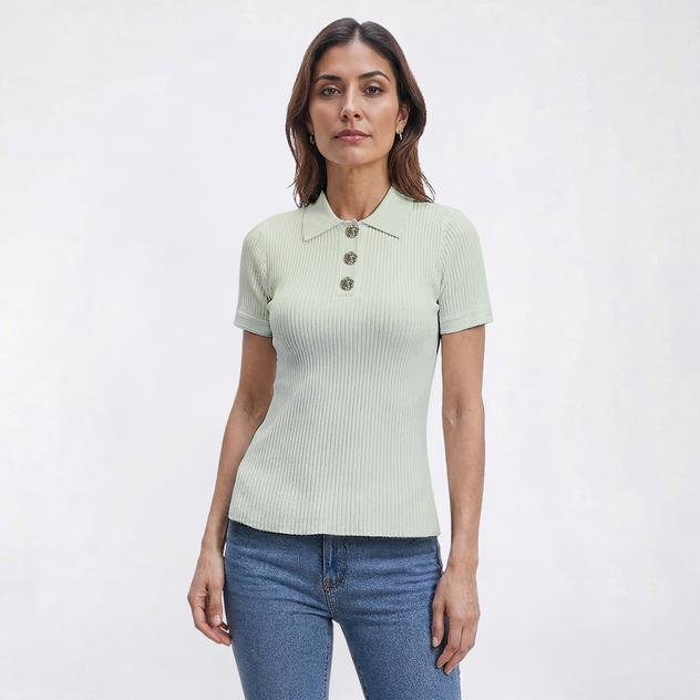 Petite Rio & Rian Short Sleeve Solid Ribbed Collared Sweater